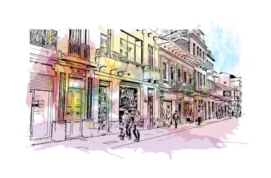 Print Building view with landmark of Cuenca is the city in Ecuador. Watercolour splash with hand drawn sketch illustration in vector.