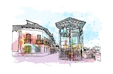 Print Building view with landmark of Cuenca is the city in Ecuador. Watercolour splash with hand drawn sketch illustration in vector.