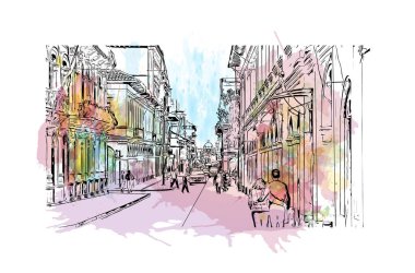 Print Building view with landmark of Cuenca is the city in Ecuador. Watercolour splash with hand drawn sketch illustration in vector.