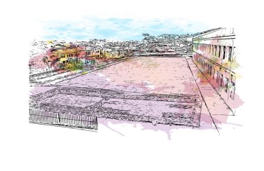 Print Building view with landmark of Cuenca is the city in Ecuador. Watercolour splash with hand drawn sketch illustration in vector.