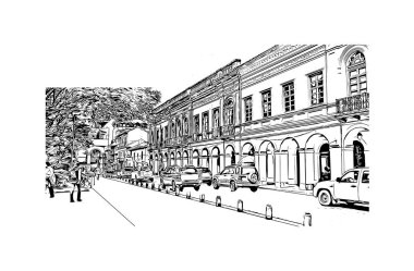 Print Building view with landmark of Cuenca is the city in Ecuador. Hand drawn sketch illustration in vector.