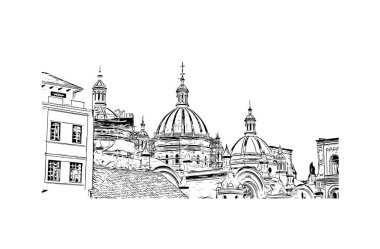 Print Building view with landmark of Cuenca is the city in Ecuador. Hand drawn sketch illustration in vector.