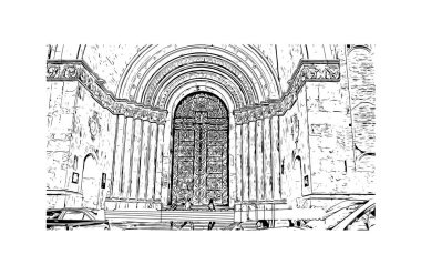 Print Building view with landmark of Cuenca is the city in Ecuador. Hand drawn sketch illustration in vector.