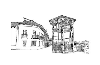 Print Building view with landmark of Cuenca is the city in Ecuador. Hand drawn sketch illustration in vector.