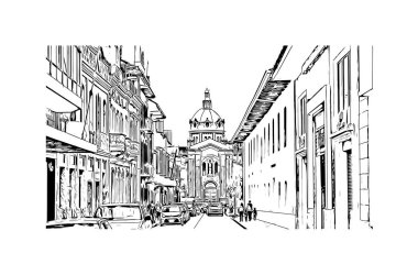 Print Building view with landmark of Cuenca is the city in Ecuador. Hand drawn sketch illustration in vector.