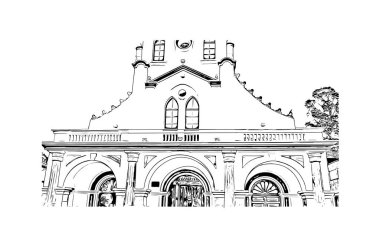 Print Building view with landmark of Cuenca is the city in Ecuador. Hand drawn sketch illustration in vector.