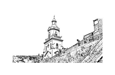 Print Building view with landmark of Cuenca is the city in Ecuador. Hand drawn sketch illustration in vector.