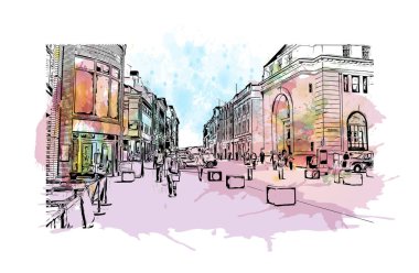 Print Building view with landmark of Coventry is the city in England. Watercolour splash with hand drawn sketch illustration in vector.