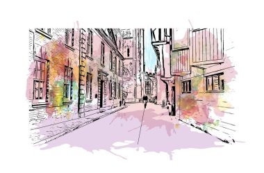 Print Building view with landmark of Coventry is the city in England. Watercolour splash with hand drawn sketch illustration in vector.