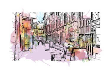 Print Building view with landmark of Coventry is the city in England. Watercolour splash with hand drawn sketch illustration in vector.