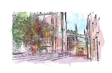 Print Building view with landmark of Coventry is the city in England. Watercolour splash with hand drawn sketch illustration in vector.