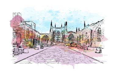 Print Building view with landmark of Coventry is the city in England. Watercolour splash with hand drawn sketch illustration in vector.