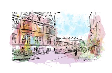 Print Building view with landmark of Coventry is the city in England. Watercolour splash with hand drawn sketch illustration in vector.