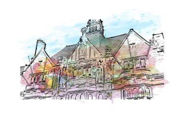 Print Building view with landmark of Coventry is the city in England. Watercolour splash with hand drawn sketch illustration in vector.