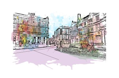 Print Building view with landmark of Coventry is the city in England. Watercolour splash with hand drawn sketch illustration in vector.