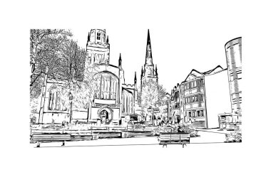 Print Building view with landmark of Coventry is the city in England. Hand drawn sketch illustration in vector.
