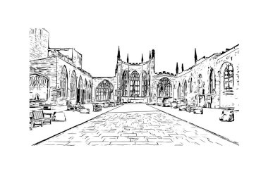 Print Building view with landmark of Coventry is the city in England. Hand drawn sketch illustration in vector.