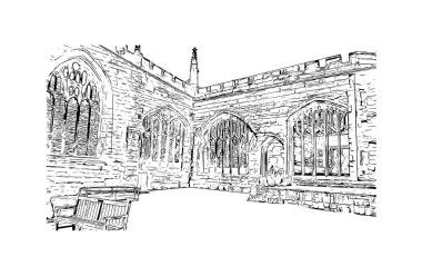 Print Building view with landmark of Coventry is the city in England. Hand drawn sketch illustration in vector.