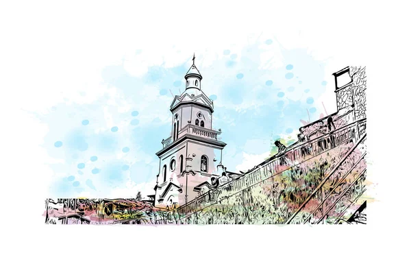 Print Building View Landmark Cuenca City Ecuador Watercolour Splash Hand — Stock vektor