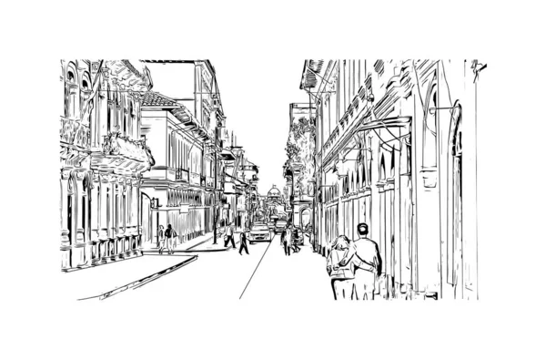 Print Building View Landmark Cuenca City Ecuador Hand Drawn Sketch — Image vectorielle