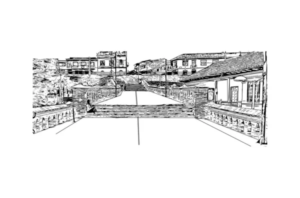 Print Building View Landmark Cuenca City Ecuador Hand Drawn Sketch — ストックベクタ