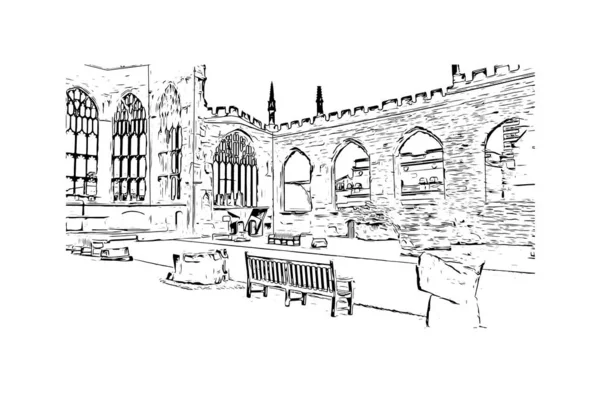 Print Building View Landmark Coventry City England Hand Drawn Sketch — 图库矢量图片