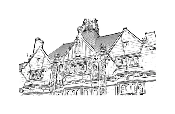 Print Building View Landmark Coventry City England Hand Drawn Sketch — Stockvector