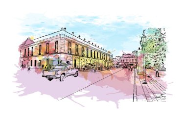 Print  Building view with landmark of Cordoba is the city in Argentina. Watercolour splash with hand drawn sketch illustration in vector.