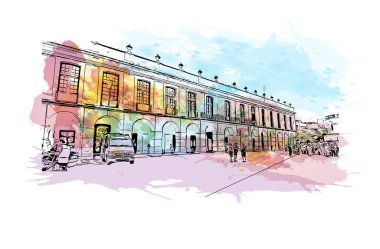 Print  Building view with landmark of Cordoba is the city in Argentina. Watercolour splash with hand drawn sketch illustration in vector.