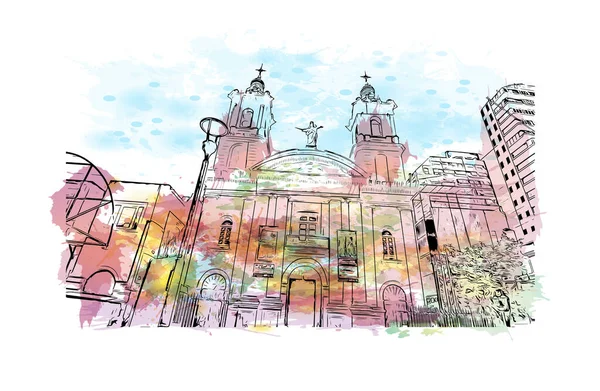 Print Building View Landmark Cordoba City Argentina Watercolour Splash Hand — Stock vektor