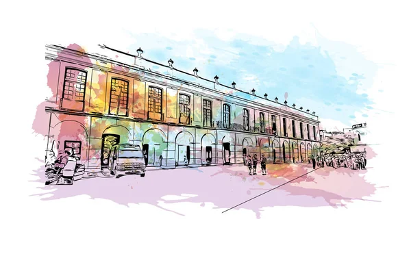 Print  Building view with landmark of Cordoba is the city in Argentina. Watercolour splash with hand drawn sketch illustration in vector.