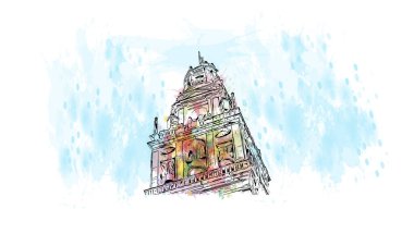 Print  Building view with landmark of Cordoba is the city in Argentina. Watercolour splash with hand drawn sketch illustration in vector.