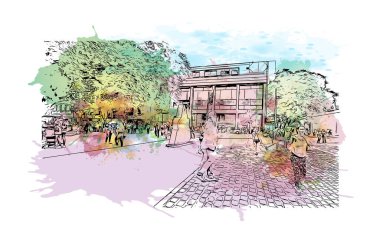 Print Building view with landmark of Cordoba is the city in Argentina. Watercolour splash with hand drawn sketch illustration in vector.