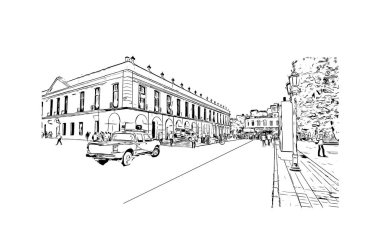 Print Building view with landmark of Cordoba is the city in Argentina. Hand drawn sketch illustration in vector.