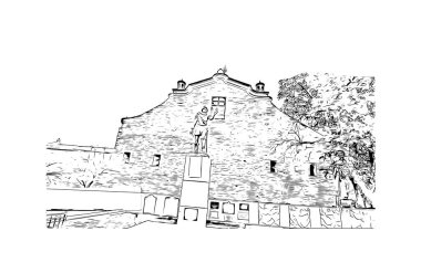 Print Building view with landmark of Cordoba is the city in Argentina. Hand drawn sketch illustration in vector.