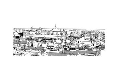 Print Building view with landmark of Cordoba is the city in Argentina. Hand drawn sketch illustration in vector.