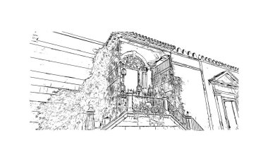 Print Building view with landmark of Cordoba is the city in Argentina. Hand drawn sketch illustration in vector.