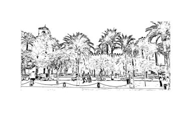 Print Building view with landmark of Cordoba is the city in Argentina. Hand drawn sketch illustration in vector.