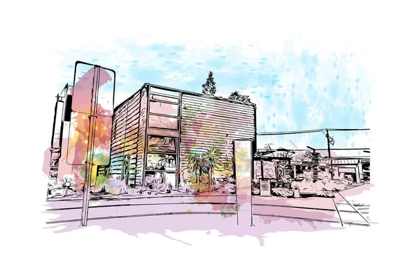 Print Building View Landmark Costa Mesa Staden Kalifornien Akvarell Stänk — Stock vektor