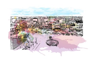 Corum 'un simgesi olan Print Building view Türkiye' nin kentidir. Vektörde elle çizilmiş resim ile suluboya sıçraması.