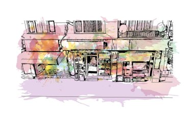 Corum 'un simgesi olan Print Building view Türkiye' nin kentidir. Vektörde elle çizilmiş resim ile suluboya sıçraması.