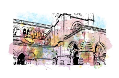 Print Building view with landmark of Bhuj is the town in India. Vektörde elle çizilmiş resim ile suluboya sıçraması.