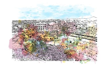 Print Building view with landmark of Bhuj is the town in India. Vektörde elle çizilmiş resim ile suluboya sıçraması.