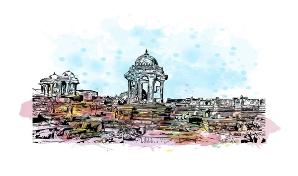 具有Bhuj地标的印刷建筑景观是印度的一个城镇 矢量手绘示意图水彩画 — 图库矢量图片