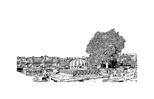 Stampa Vista Edificio Con Punto Riferimento Bhuj Città India Illustrazione — Vettoriale Stock