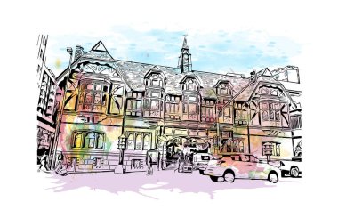 Durban manzaralı Print Building, Güney Afrika 'da bir şehirdir. Vektörde elle çizilmiş resim ile suluboya sıçraması.