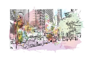 Durban manzaralı Print Building, Güney Afrika 'da bir şehirdir. Vektörde elle çizilmiş resim ile suluboya sıçraması.