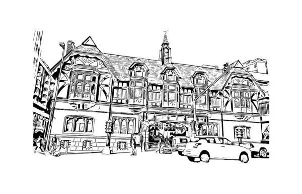 Durban manzaralı Print Building, Güney Afrika 'da bir şehirdir. Vektörde elle çizilmiş çizim çizimi.