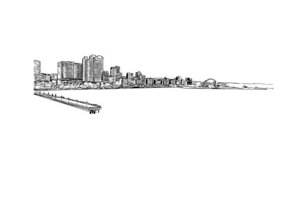 Imprimir Vista Del Edificio Con Hito Durban Ciudad Sudáfrica Dibujo — Vector de stock