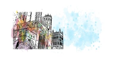 Print Building view with landmark of Durham is a city in North Carolina. Vektörde elle çizilmiş resim ile suluboya sıçraması.